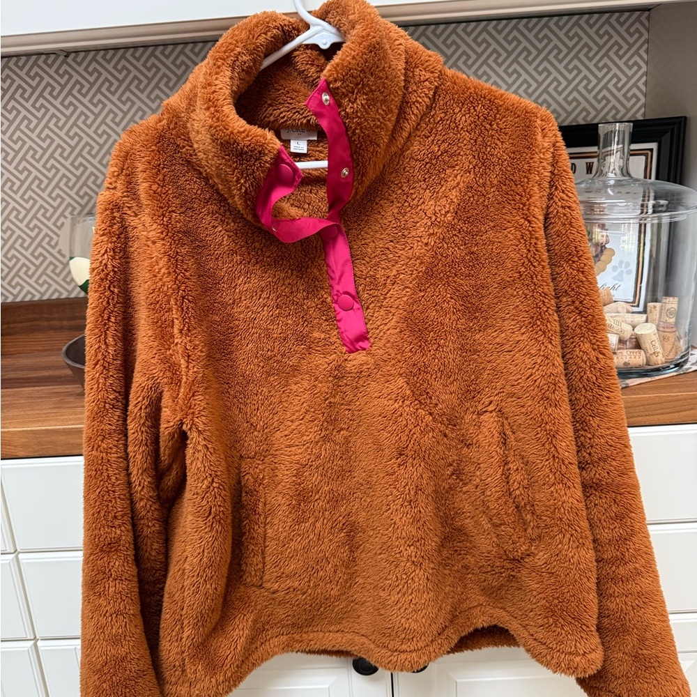 JCrew Cozy Brown-ish orange with pink Fleece Pullover-NWOT